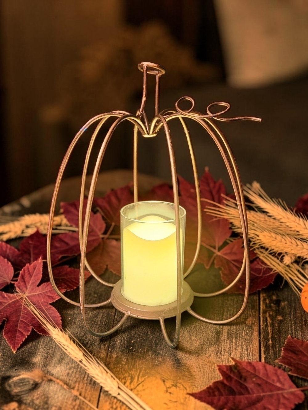 Decorative Pumpkin Wire Lantern with LED Pillar Candle Fall Harvest Décor